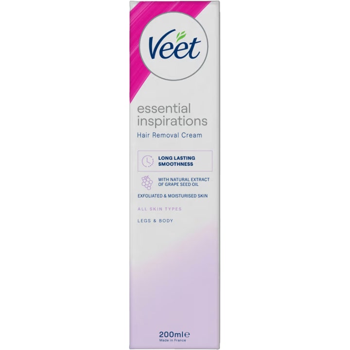 Veet Essential Inspirations 200 ml hårfjerningskrem gir fuktet hud i hvit eske med rosa og lilla detaljer.