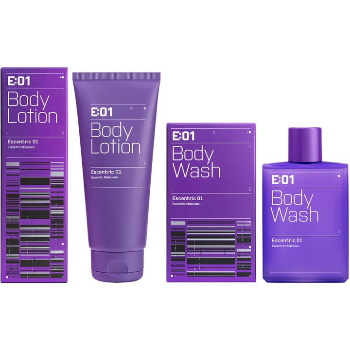 Escentric Molecules Escentric 01 200 ml fuktighetsgivende kroppslotion og body wash i lilla emballasje med grafikk