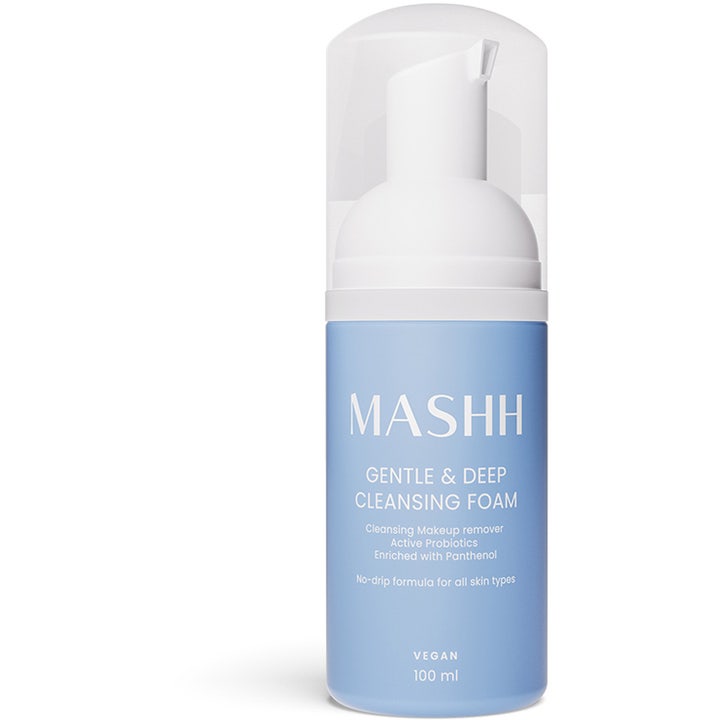 Mashh Gentle & Deep Cleansing Foam 100 ml renseskum med pantenol i lyseblå flaske med hvit pumpe.