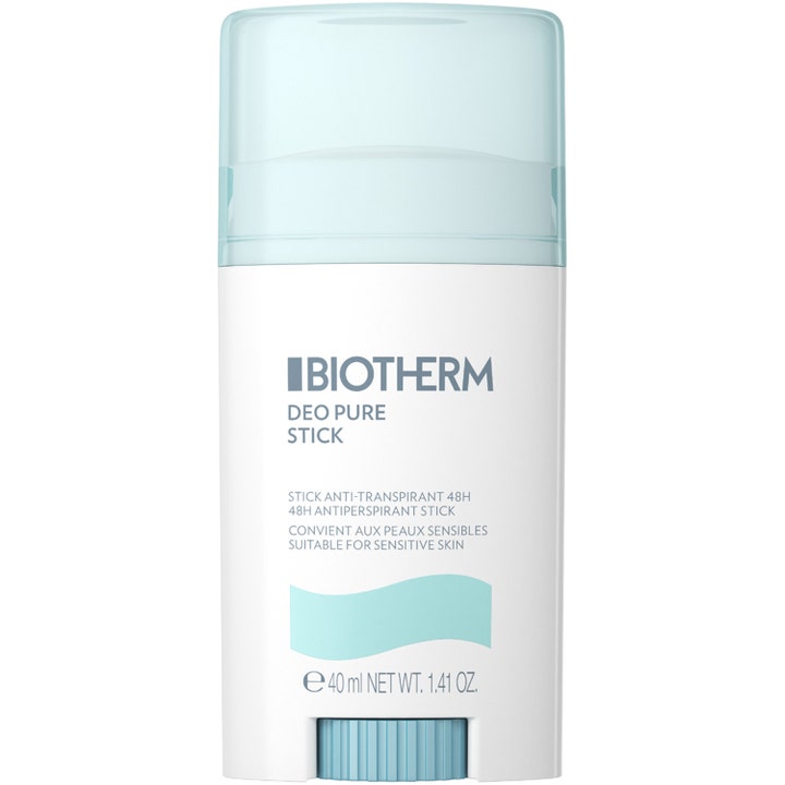 Biotherm Deo Pure Stick 40 ml antiperspirant gir 48 timers beskyttelse i hvit hylse med lyseblått gjennomsiktig lokk