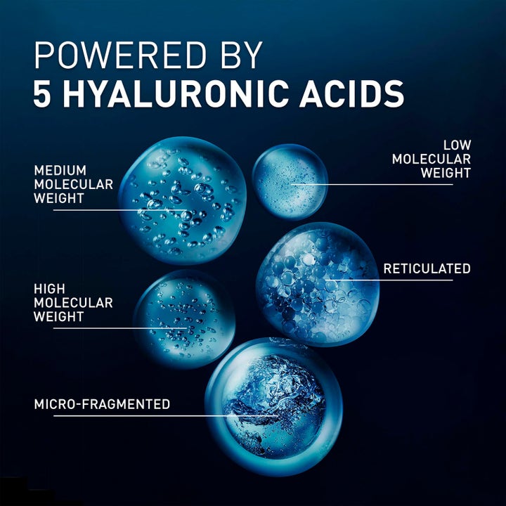 FILORGA Hyalu-Filler Serum 30 ml fuktighetsgivende serum med hyaluronsyre vist som fem blå bobler med ulik vekt.
