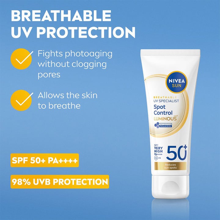 NIVEA UV Face Luminous630 40 ml solkrem for ansiktet mot pigmentflekker i hvit tube på blå bakgrunn med SPF 50+