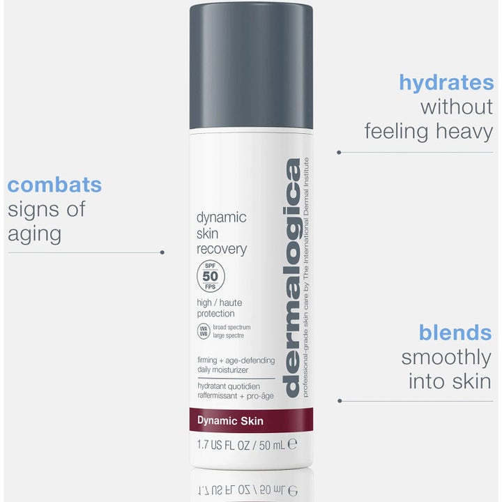 Dermalogica Dynamic Skin Recovery SPF50 50 ml ansiktskrem i hvit pumpeflaske med tekst som angir anti-age fordeler