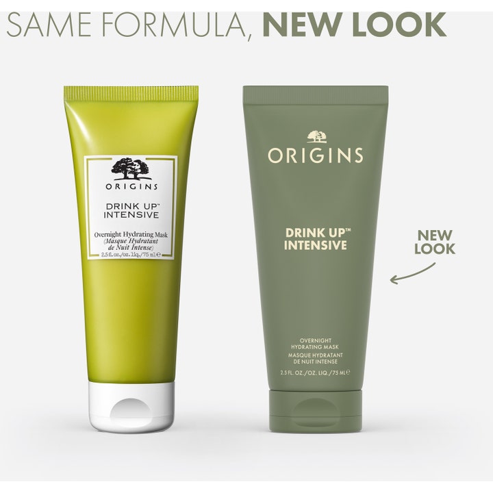 Origins Drink Up Intensive 75 ml fuktighetsgivende nattmaske i ny olivengrønn tube ved siden av gammelt design