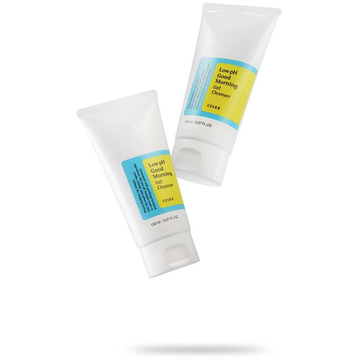 COSRX Low pH Good Morning Gel Cleanser 150 ml mild ansiktsrens vist med to hvite plasttuber med gul og blå etikett