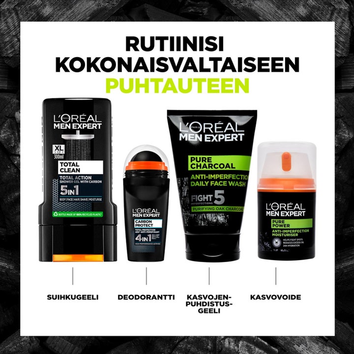 L'Oréal Paris Men Expert Pure Charcoal rutine med ansiktsvask og fuktighetskrem som motvirker urenheter.