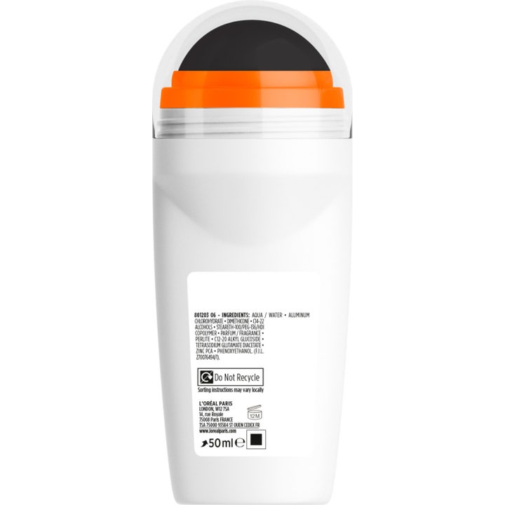 L'Oréal Paris Men Expert Derma Control Clinical Ultra Deo 50 ml roll-on mot svette viser bakside med ingrediensliste.