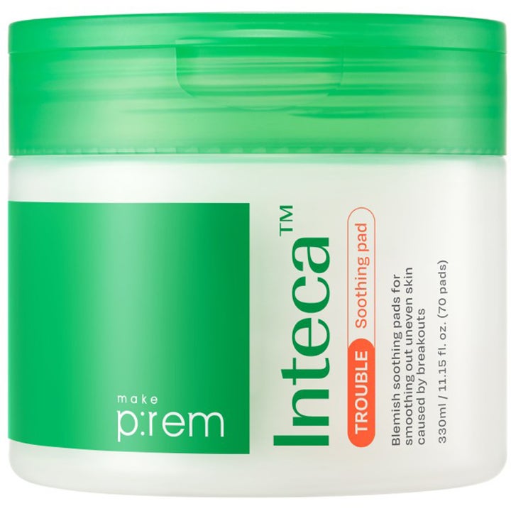 Make P:rem Inteca Soothing Pad 70 stk beroligende ansiktspads for uren hud i hvit plastkrukke med grønt flipplokk