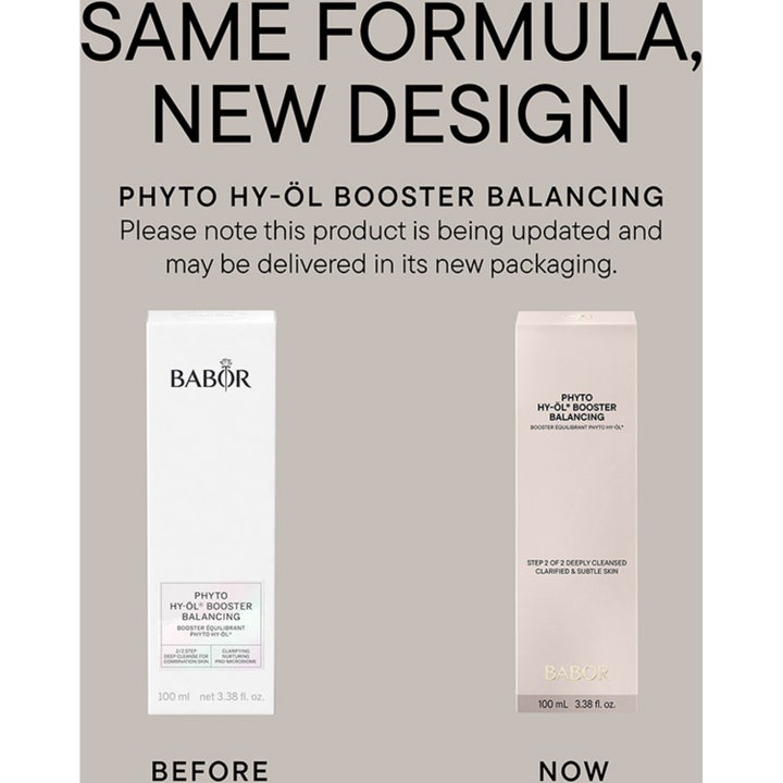 Babor Phyto HY-ÖL Booster Balancing 100 ml ansiktsrens balanserer huden vist i ny hvit flaske ved siden av blå.