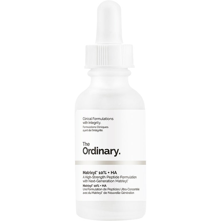 The Ordinary Matrixyl 10% + HA serum mot rynker i en frostet glassflaske med hvit pipette og etikett.