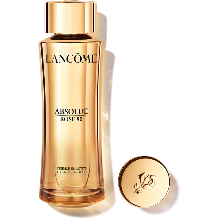 Lancôme Absolue Rose 80 Essence-in-Lotion revitaliserende ansiktsvann i en elegant gyllen glassflaske med gullkork
