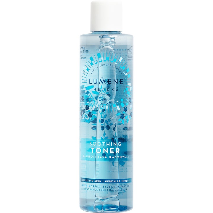 Lumene Herkkä Soothing Toner 200 ml beroligende ansiktsvann i klar plastflaske med hvitt lokk og blått bærdesign.