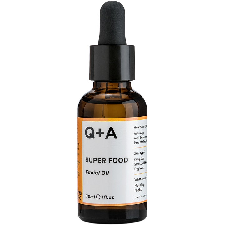 Q+A Super Food Facial Oil 30ml pleiende ansiktsolje som gir anti-age effekt i mørk glassflaske med svart pipette