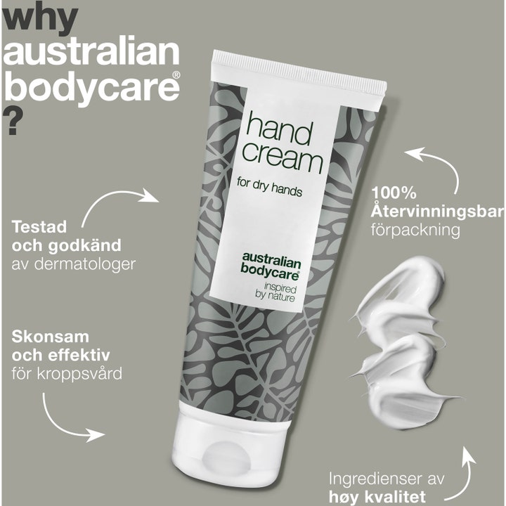 Australian Bodycare Hand Cream 100 ml fuktgivende håndkrem og hvit tekstur som pleier tørre hender.