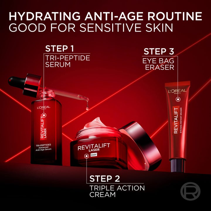 L'Oréal Paris Revitalift Laser Eye Bag Eraser 15 ml øyekrem som steg tre i en rød anti-age hudpleierutine.