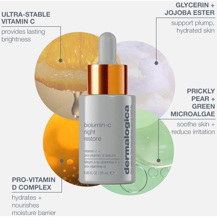 Dermalogica Biolumin-C Night Restore 25 ml glødgivende serum i grå flaske med illustrasjoner av vitamin C og fukt.