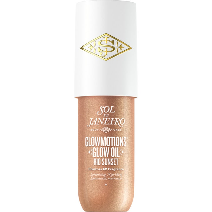 Sol de Janeiro Glowmotions Glow Oil Rio Sunset kroppsolje gir glød med gyllent shimmer i flaske med hvit kork.