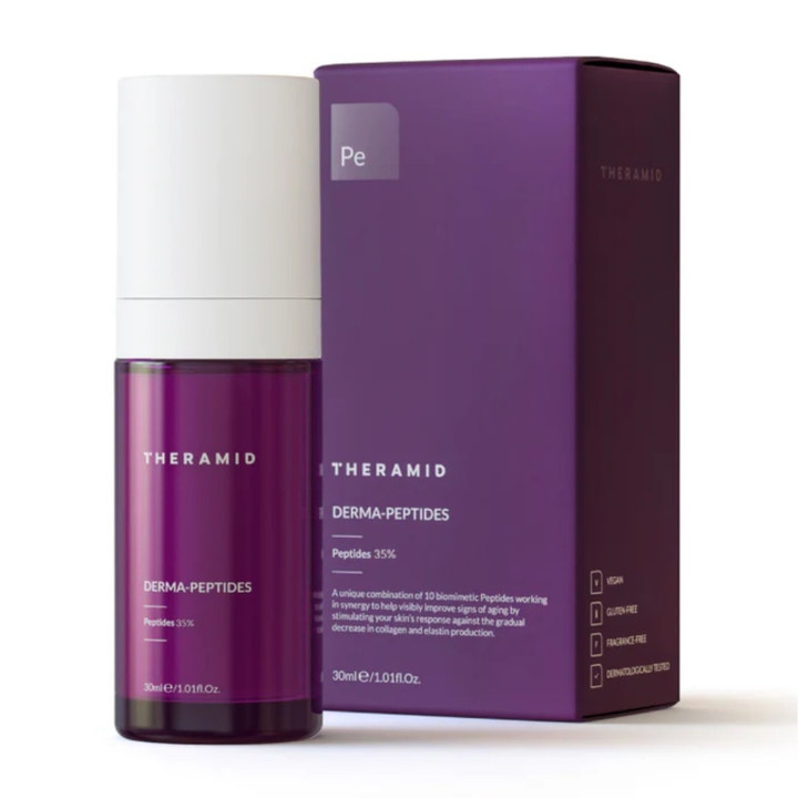 Niche Beauty Lab Theramid Derma-Peptides 35% 30 ml serum med peptider i lilla flaske med hvit kork og eske