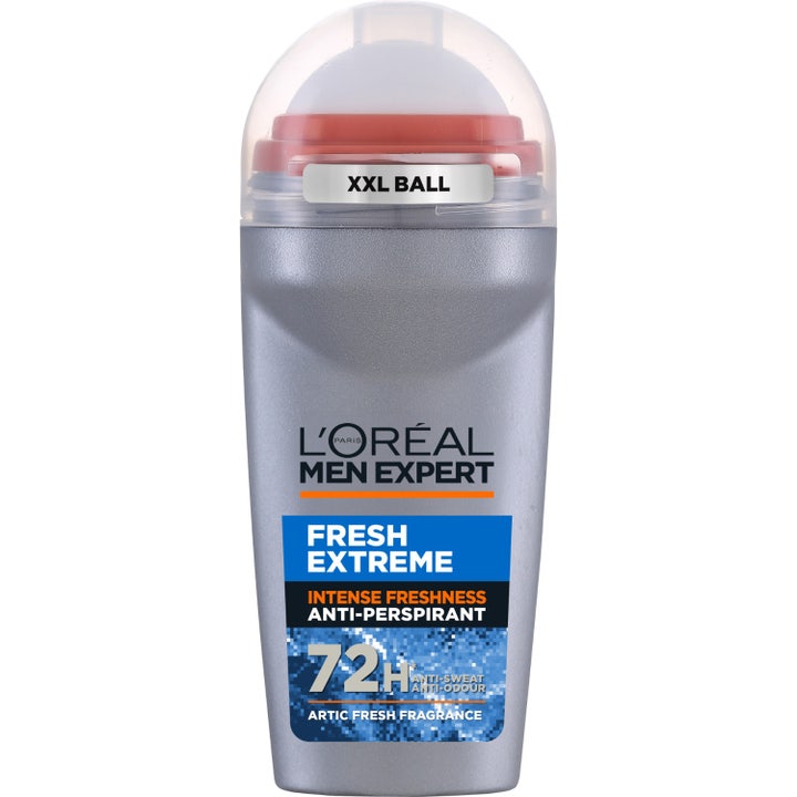 L'Oréal Men Expert Fresh Extreme roll-on deodorant gir 48t friskhet i grå plasthylse med oransje detaljer og stor kule.