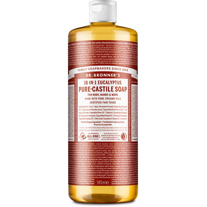 Dr. Bronner's 18-in-1 Eucalyptus Pure-Castile Soap 945ml oppfriskende flytende såpe i ravfarget plastflaske med hvit etikett