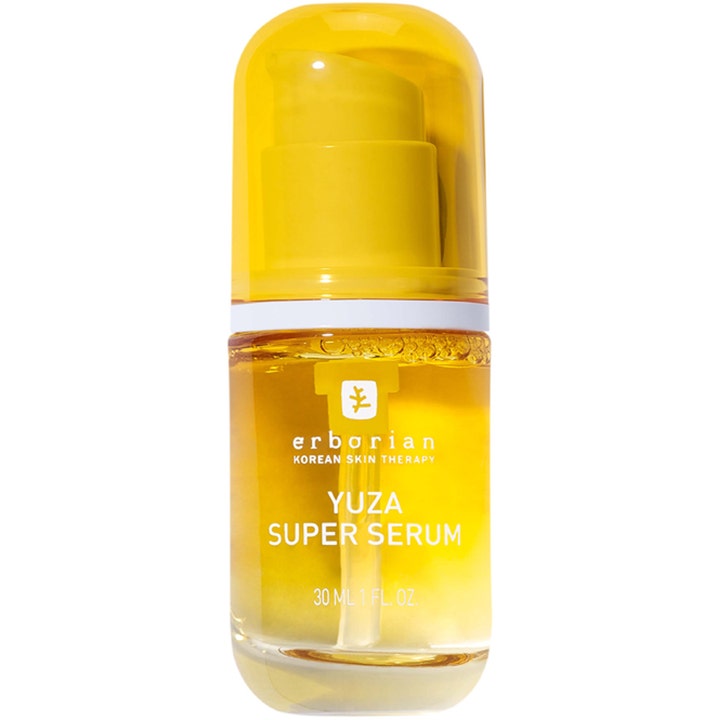Erborian Yuza Super Serum 30 ml fuktgivende ansiktsserum som gir glød i klar glassflaske med gul væske og gul pumpe