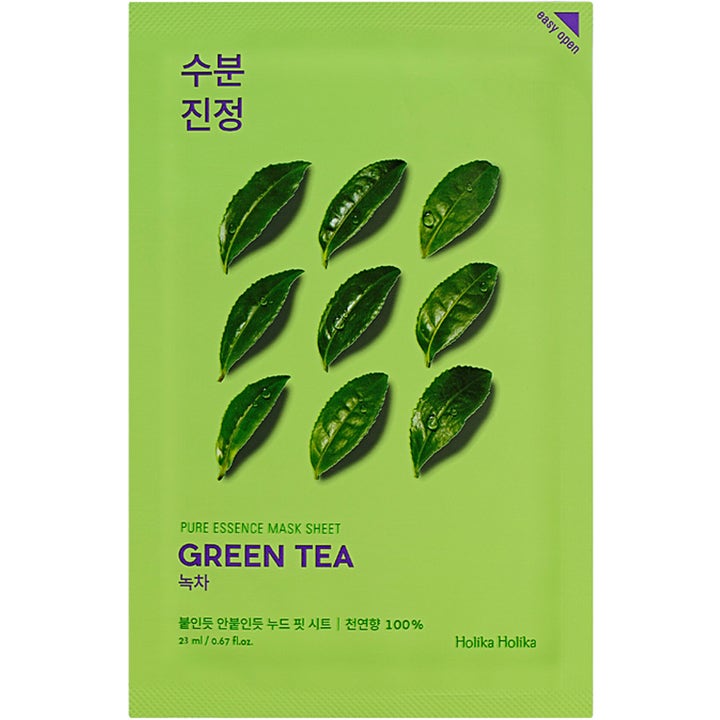 Holika Holika Pure Essence Mask Sheet Green Tea 23 ml beroligende ansiktsmaske i lysegrønn pose med grønne teblader
