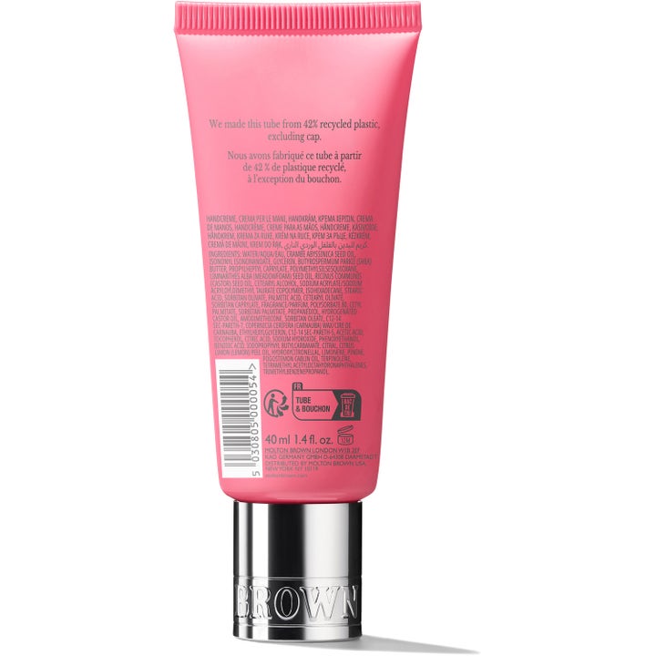 Molton Brown Fiery Pink Pepper Hand Cream 40 ml fuktighetsgivende håndkrem i rosa tube med sølvkork og ingrediensliste