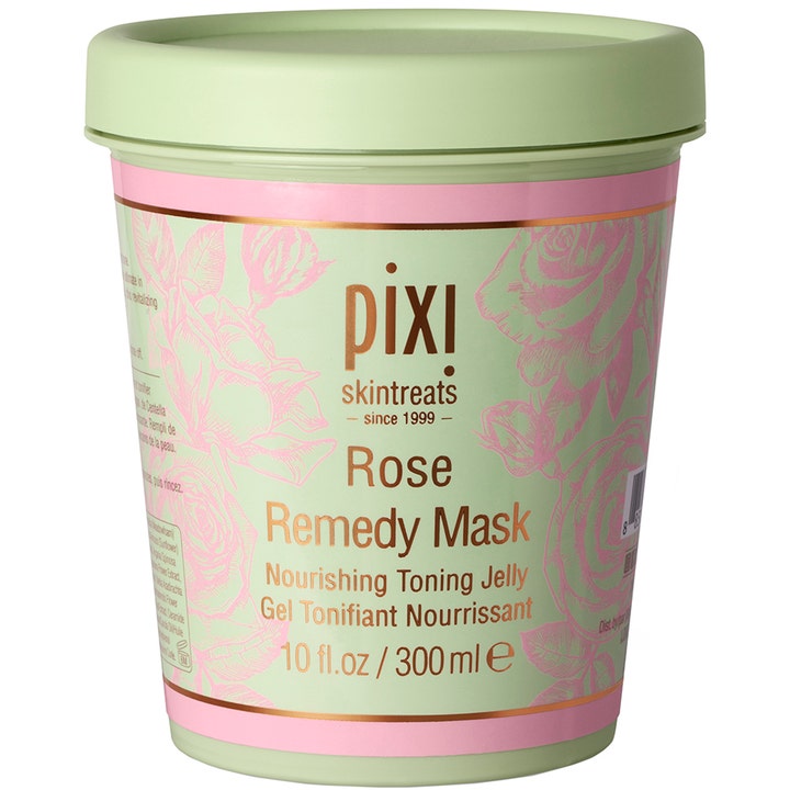 Pixi Rose Remedy Mask 300 ml nærende gelémaske i lysegrønn krukke dekorert med rosa roser og gullskrift