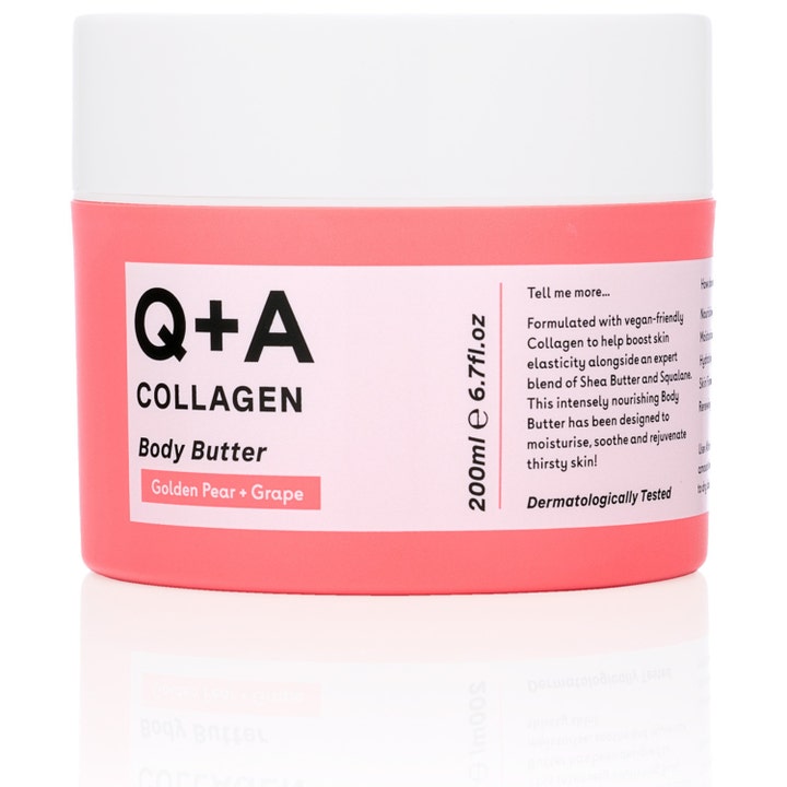 Q+A Collagen Body Butter 200ml fuktighetsgivende kroppspleie som gir elastisitet i rosa krukke med hvitt lokk
