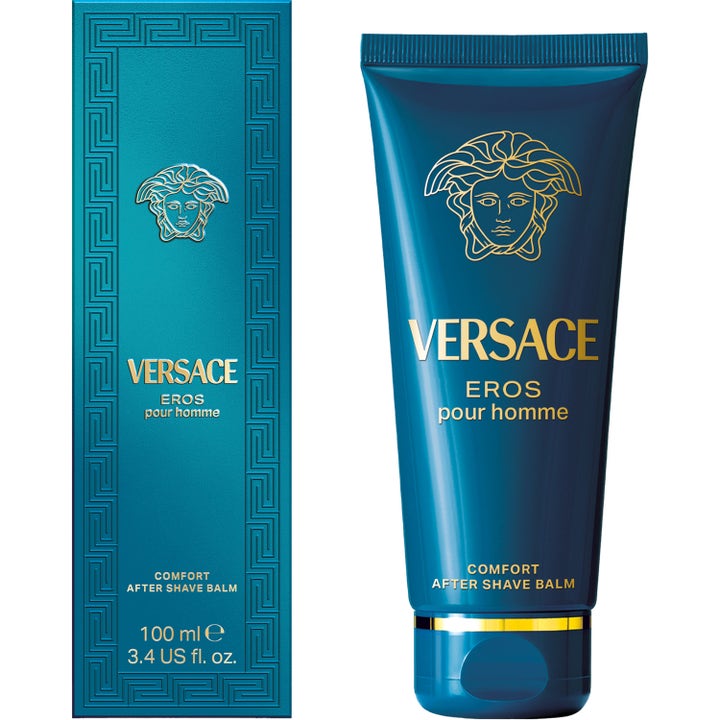 Versace Eros After Shave Balm 100 ml beroligende aftershave i turkis tube og eske med ikonisk Medusa-logo i gull