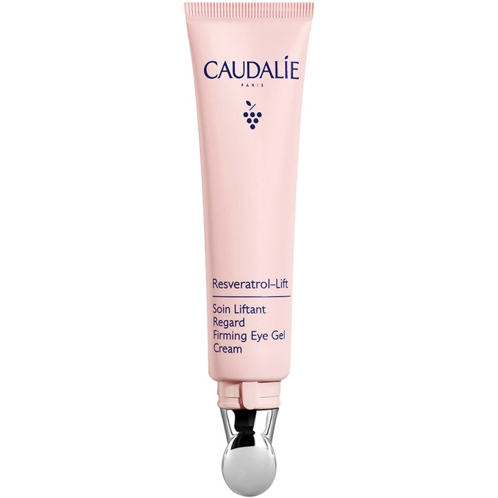 Caudalie Resveratrol-Lift Firming Eye Gel Cream 15ml oppstrammende øyekrem i lys rosa tube med sølvapplikator