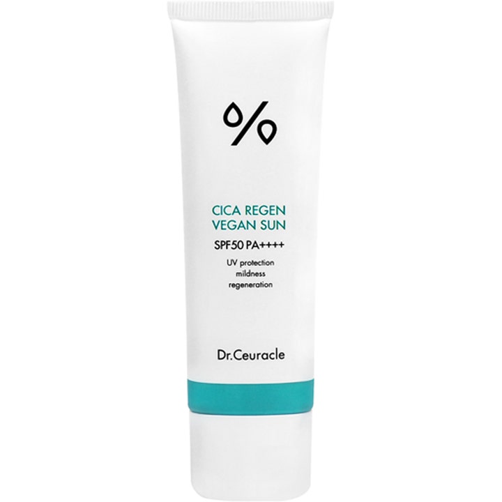 Dr.Ceuracle Cica Regen Vegan Sun SPF50 regenererende solkrem i hvit tube som gir høy UV-beskyttelse.