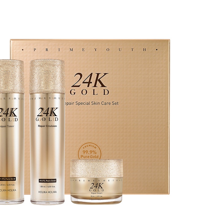 Holika Holika Prime Youth 24K Gold Repair Special Skin Care Set 3 deler gir glød i gullflasker med glitrende lokk.