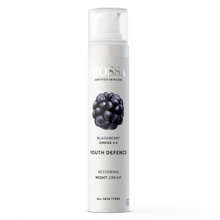 Mossa Youth Defence Restoring Night Cream 50 ml nattkrem med bjørnebær i hvit pumpeflaske