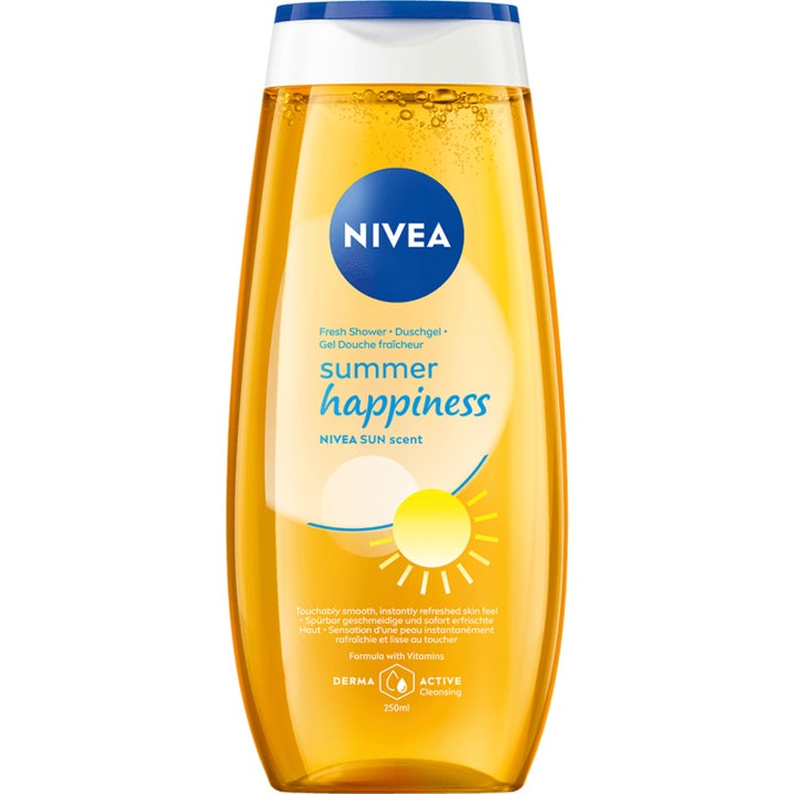 Nivea Love Sunshine Shower Gel 250 ml oppfriskende dusjgelé i gul plastflaske med hvit kork og solsymbol