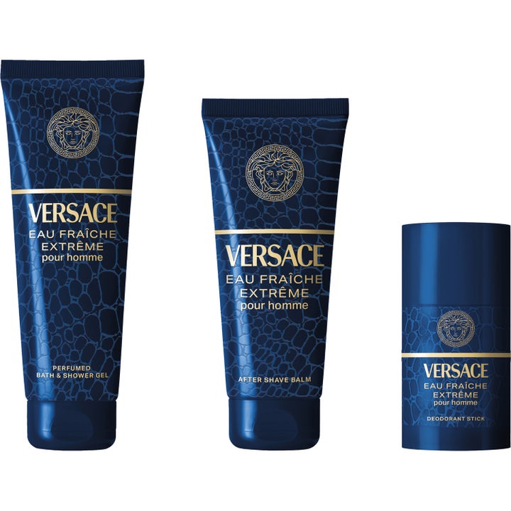 Versace Eau Fraiche Extreme 75 ml deodorantstick med matchende dusjgelé og after shave i blått krokodillemønster.