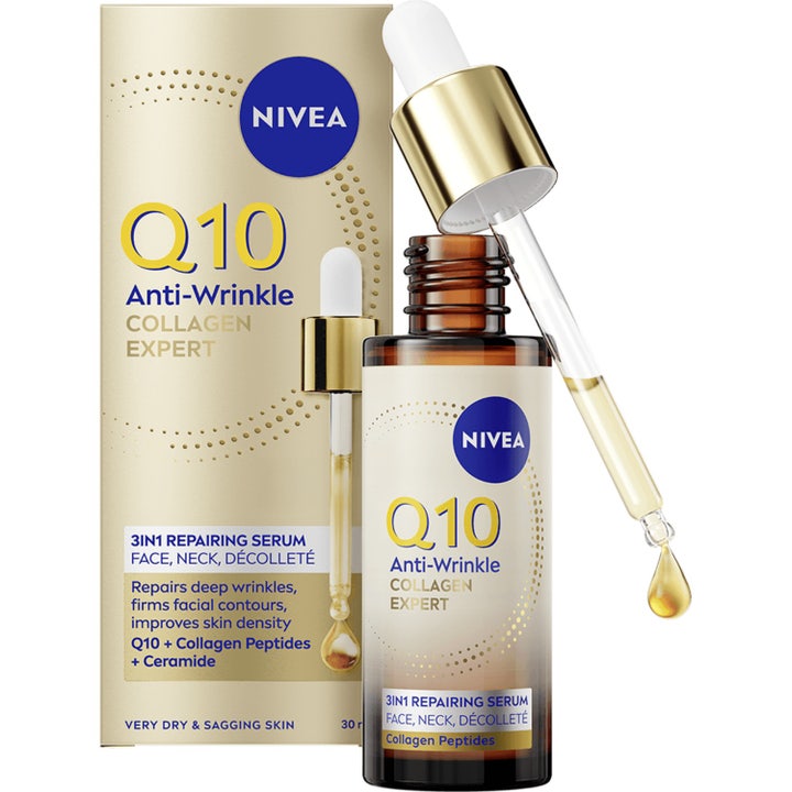 Nivea Q10 Anti-Wrinkle Collagen Expert 30 ml reparerende serum i glassflaske med pipette og en gyllen dråpe