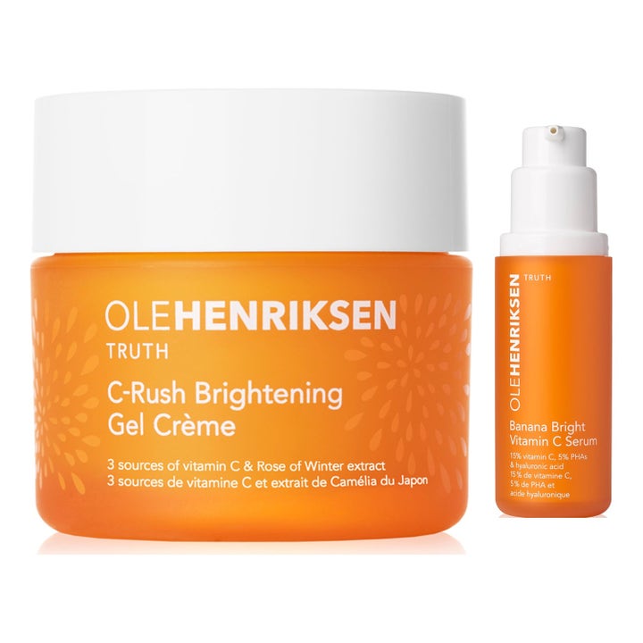 Ole Henriksen Truth Banana Bright Serum og C-Rush Gel-Crème gir glød i oransje pumpeflaske og krukke med hvitt lokk