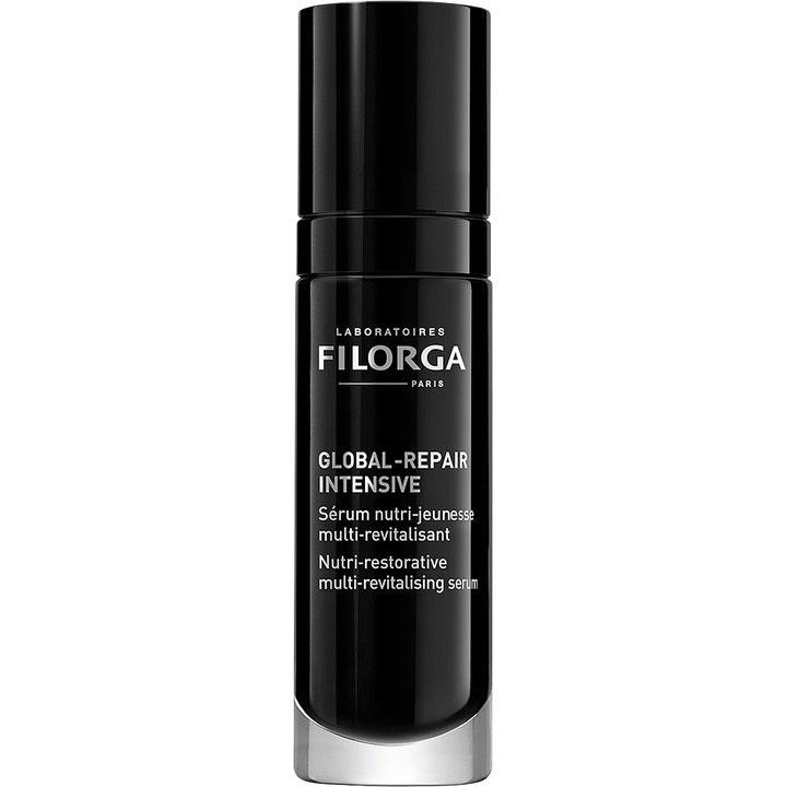 Filorga Global-Repair Intensive 30 ml multi-revitaliserende serum i en elegant sort sylindrisk flaske med pumpe