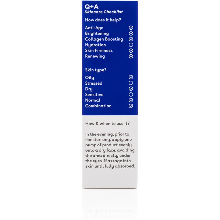 Q+A Retinol 0.2% Serum 30 ml fornyende ansiktsserum i eske som viser sjekkliste og instruksjoner.