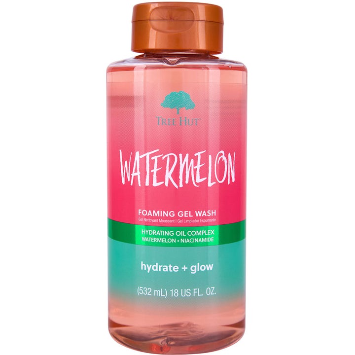 Tree Hut Watermelon Foaming Gel Wash 532 ml gir fuktighet og glød i en flaske med rosa og grønn etikett og bronsekork