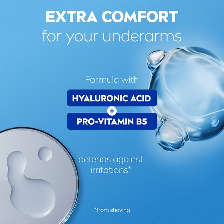 NIVEA Derma Control Defend 50 ml antiperspirant motvirker irritasjon med hyaluronsyre og pro-vitamin B5 vist i vannbobler