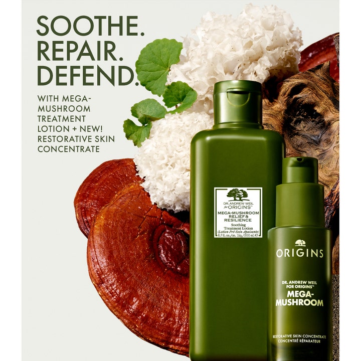 Origins Dr. Weil Mega-Mushroom Restorative Skin Concentrate 30 ml beroligende serum i grønn flaske omgitt av sopp