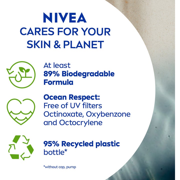 NIVEA Sun Protect & Bronze Oil 200 ml sololje med info om biologisk nedbrytbar formel og resirkulert plast.
