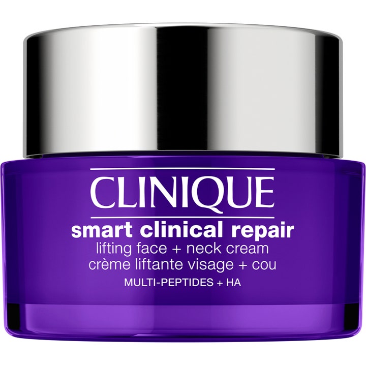 Clinique Smart Clinical Repair Lifting Face + Neck Cream 50 ml oppstrammende ansiktskrem i lilla krukke med sølvlokk