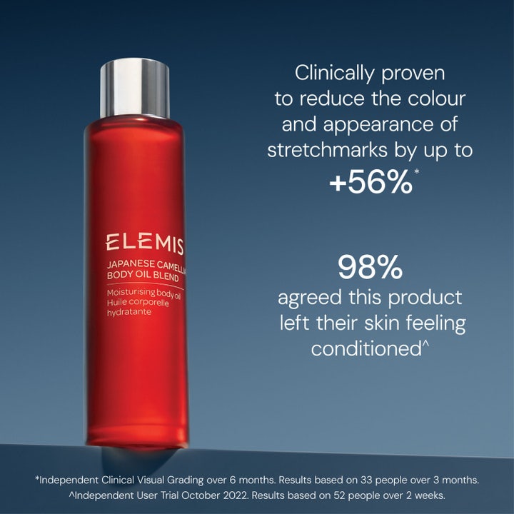 Elemis Japanese Camellia Oil Blend 100 ml kroppsolje viser før og etter resultat på strekkmerker over 6 måneder.