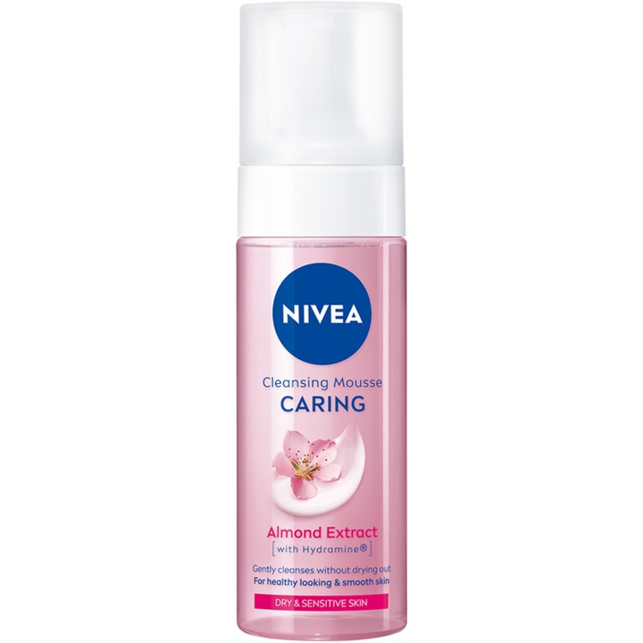 NIVEA Cleansing Mousse Caring 150 ml pleiende rengjøringsskum i rosa pumpeflaske med mandelblomst for sensitiv hud