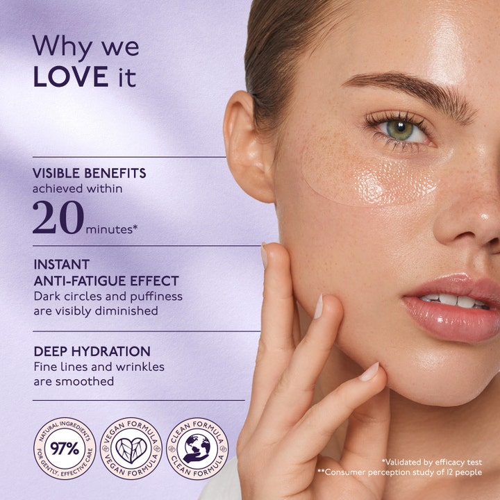 By Terry Hyaluronic Global Eye Patch 1 stk fuktighetsgivende øyemaske på kvinne med tekst om 20 minutters effekt.