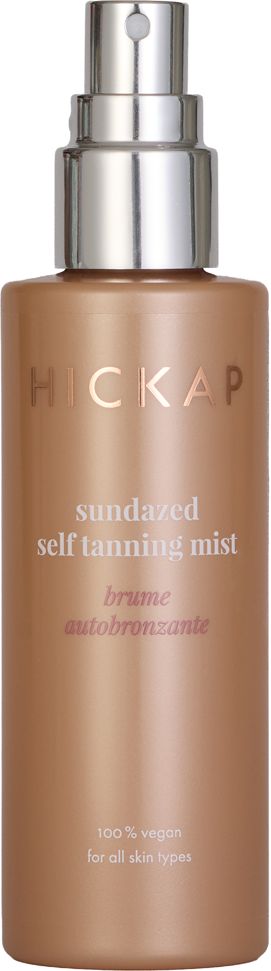 Hickap Sundazed Self Tanning Mist selvbruningsspray som gir naturlig glød i en bronsefarget flaske med sølvpumpe