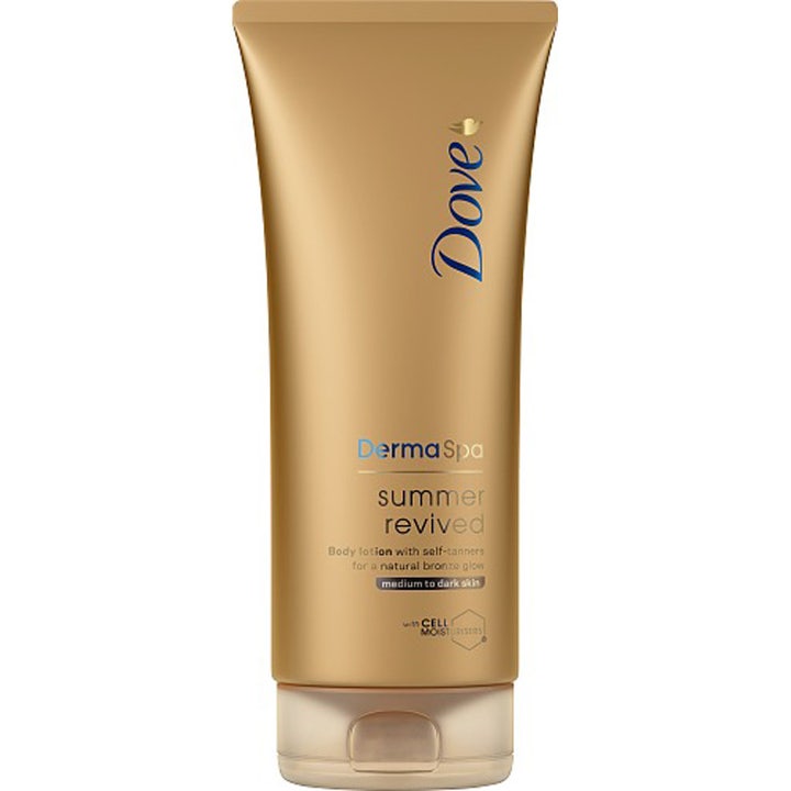 Dove DermaSpa Summer Revived 200 ml selvbruner i gullfarget tube som gir naturlig glød.
